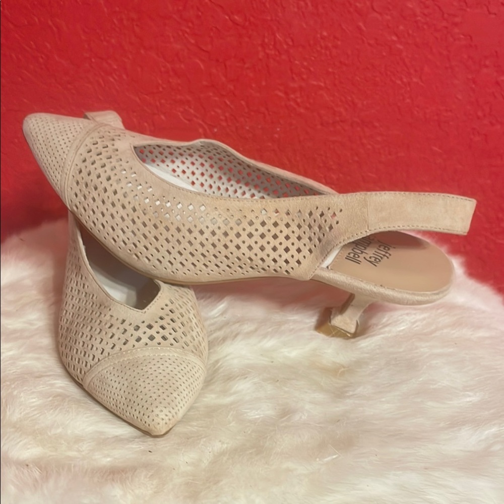 JEFFREY CAMPBELL Bianca TAN NUDE SLINGBACK KITTEN HEELS Pierced Leather 7.5!